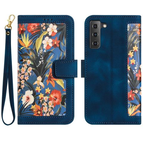 Floral Pattern Leather Phone Case with Lanyard, For Samsung Galaxy S22 5G, For Samsung Galaxy S21 FE 5G, For Samsung Galaxy S21 5G, For Samsung Galaxy S21+ 5G