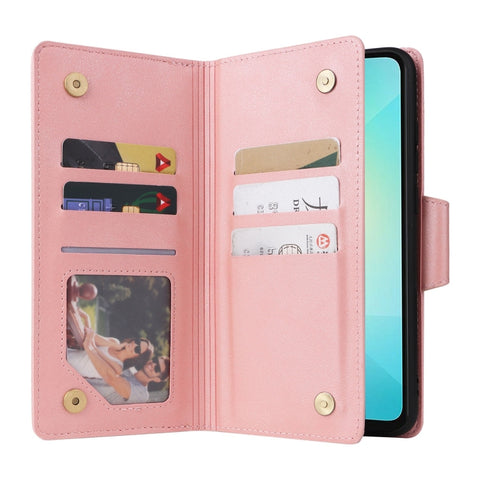 Rivet Buckle 9 Cards Three Fold Leather Phone Case, For Galaxy A06 4G