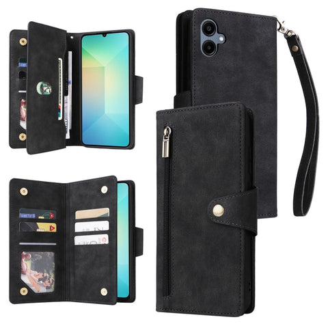 Rivet Buckle 9 Cards Three Fold Leather Phone Case, For Galaxy A06 4G
