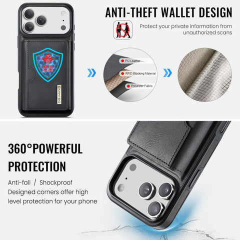 DG.MING M6 Series RFID Tri-fold Card Bag Removable Leather Phone Case, For iPhone 18 Pro / 17 Pro, For iPhone 18 Pro Max / 17 Pro Max, For iPhone 17e / 16e, For iPhone 17, For iPhone Air, For iPhone 16 Pro Max, For iPhone 16 Pro, For iPhone 16 Plus    ...