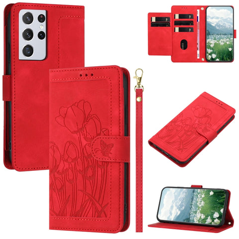 Tulips Embossed Leather Phone Case with Lanyard, For Samsung Galaxy S21+ 5G, For Samsung Galaxy S21 Ultra 5G