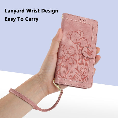 Tulips Embossed Leather Phone Case with Lanyard, For Samsung Galaxy S21+ 5G, For Samsung Galaxy S21 Ultra 5G