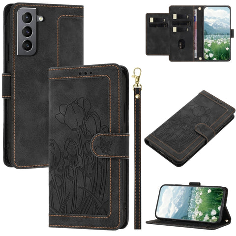 Tulips Embossed Leather Phone Case with Lanyard, For Samsung Galaxy S21+ 5G, For Samsung Galaxy S21 Ultra 5G