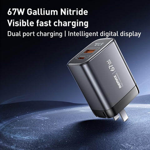 REMAX U2-AC 67W USB and Type-C GaN Digital Display Fast Charger, EU Plug, UK Plug
