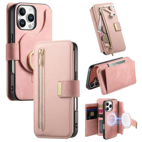Ring Zipper Wallet RFID Blocking MagSafe Leather Phone Case, For iPhone 17e / 16e, For iPhone 16 Pro Max, For iPhone 16 Pro, For iPhone 16 Plus, For iPhone 16, For iPhone 15 Pro Max
