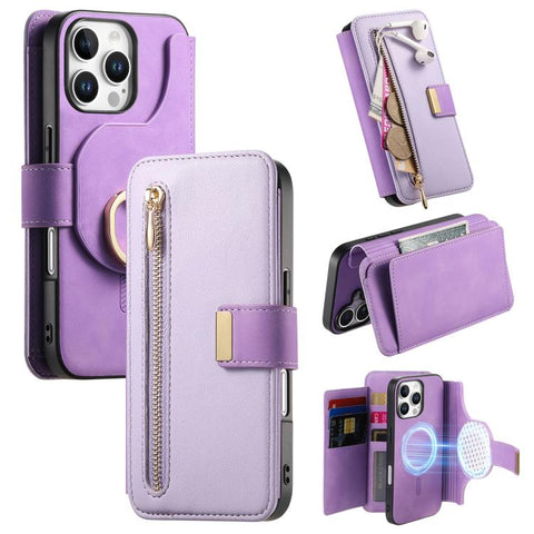 Ring Zipper Wallet RFID Blocking MagSafe Leather Phone Case, For iPhone 17e / 16e, For iPhone 16 Pro Max, For iPhone 16 Pro, For iPhone 16 Plus, For iPhone 16, For iPhone 15 Pro Max