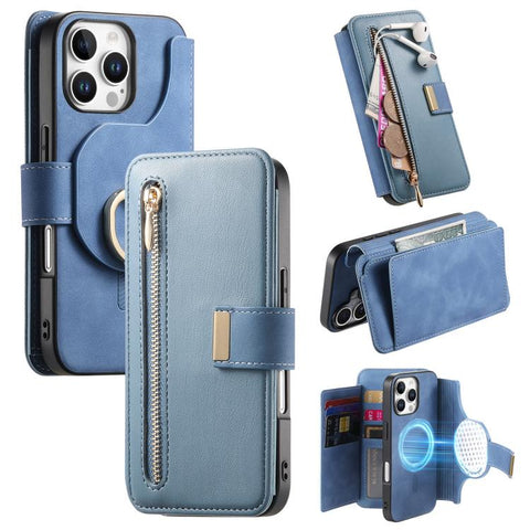 Ring Zipper Wallet RFID Blocking MagSafe Leather Phone Case, For iPhone 17e / 16e, For iPhone 16 Pro Max, For iPhone 16 Pro, For iPhone 16 Plus, For iPhone 16, For iPhone 15 Pro Max
