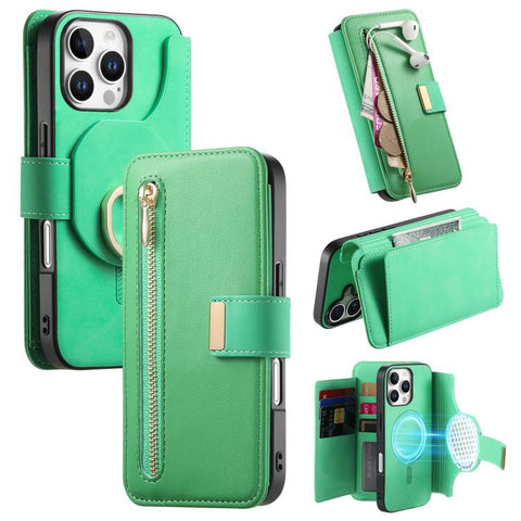 Ring Zipper Wallet RFID Blocking MagSafe Leather Phone Case, For iPhone 17e / 16e, For iPhone 16 Pro Max, For iPhone 16 Pro, For iPhone 16 Plus, For iPhone 16, For iPhone 15 Pro Max