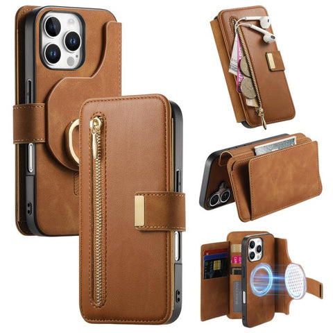 Ring Zipper Wallet RFID Blocking MagSafe Leather Phone Case, For iPhone 17e / 16e, For iPhone 16 Pro Max, For iPhone 16 Pro, For iPhone 16 Plus, For iPhone 16, For iPhone 15 Pro Max