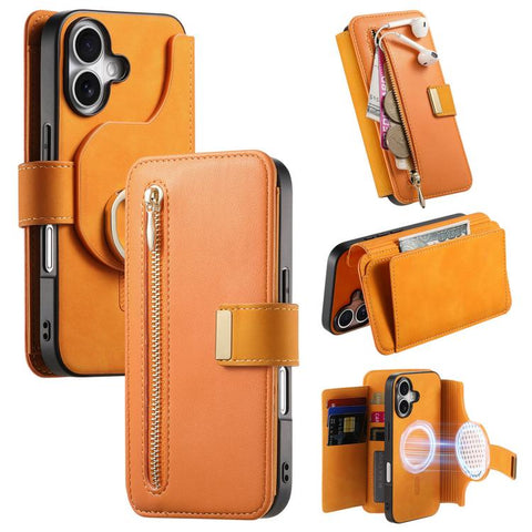 Ring Zipper Wallet RFID Blocking MagSafe Leather Phone Case, For iPhone 17e / 16e, For iPhone 16 Pro Max, For iPhone 16 Pro, For iPhone 16 Plus, For iPhone 16, For iPhone 15 Pro Max