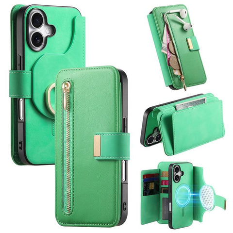 Ring Zipper Wallet RFID Blocking MagSafe Leather Phone Case, For iPhone 17e / 16e, For iPhone 16 Pro Max, For iPhone 16 Pro, For iPhone 16 Plus, For iPhone 16, For iPhone 15 Pro Max