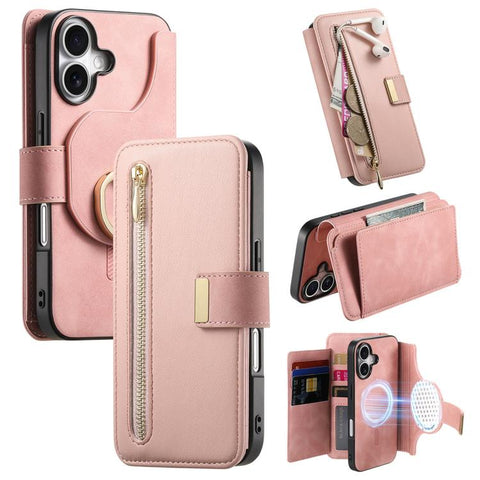 Ring Zipper Wallet RFID Blocking MagSafe Leather Phone Case, For iPhone 17e / 16e, For iPhone 16 Pro Max, For iPhone 16 Pro, For iPhone 16 Plus, For iPhone 16, For iPhone 15 Pro Max