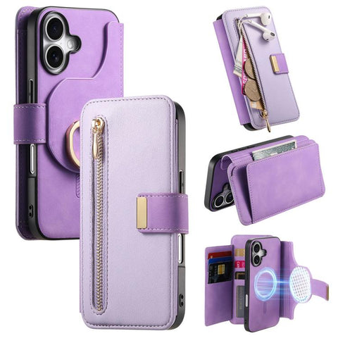 Ring Zipper Wallet RFID Blocking MagSafe Leather Phone Case, For iPhone 17e / 16e, For iPhone 16 Pro Max, For iPhone 16 Pro, For iPhone 16 Plus, For iPhone 16, For iPhone 15 Pro Max