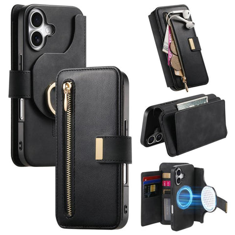 Ring Zipper Wallet RFID Blocking MagSafe Leather Phone Case, For iPhone 17e / 16e, For iPhone 16 Pro Max, For iPhone 16 Pro, For iPhone 16 Plus, For iPhone 16, For iPhone 15 Pro Max