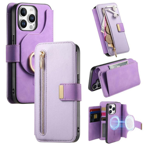 Ring Zipper Wallet RFID Blocking MagSafe Leather Phone Case, For iPhone 15 Pro, For iPhone 15 Plus, For iPhone 15, For iPhone 14 Plus, For iPhone 14, For iPhone 14 Pro