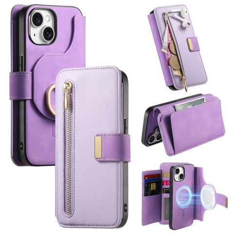 Ring Zipper Wallet RFID Blocking MagSafe Leather Phone Case, For iPhone 15 Pro, For iPhone 15 Plus, For iPhone 15, For iPhone 14 Plus, For iPhone 14, For iPhone 14 Pro