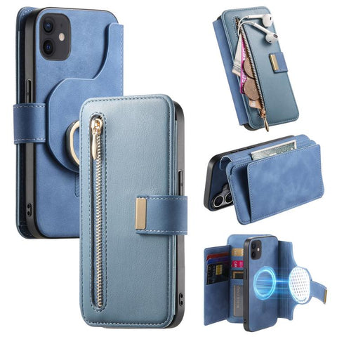 Ring Zipper Wallet RFID Blocking MagSafe Leather Phone Case, For iPhone 14 Pro Max, For iPhone 13 Pro Max, For iPhone 13 Pro, For iPhone 13, For iPhone 12 / 12 Pro, For iPhone 12 Pro Max