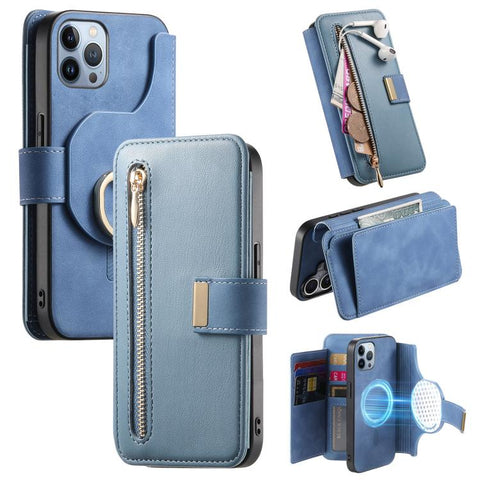 Ring Zipper Wallet RFID Blocking MagSafe Leather Phone Case, For iPhone 14 Pro Max, For iPhone 13 Pro Max, For iPhone 13 Pro, For iPhone 13, For iPhone 12 / 12 Pro, For iPhone 12 Pro Max