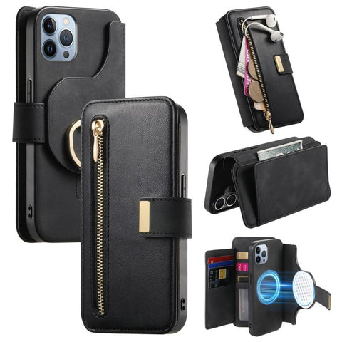 Ring Zipper Wallet RFID Blocking MagSafe Leather Phone Case, For iPhone 14 Pro Max, For iPhone 13 Pro Max, For iPhone 13 Pro, For iPhone 13, For iPhone 12 / 12 Pro, For iPhone 12 Pro Max