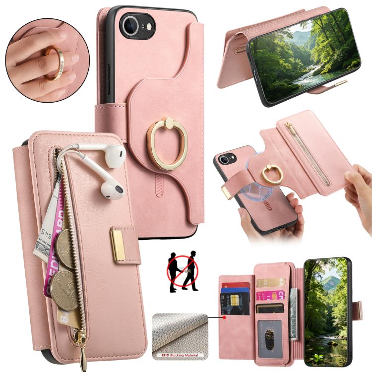 Ring Zipper Wallet RFID Blocking MagSafe Leather Phone Case, For iPhone 17e / 16e, For iPhone 16 Pro Max, For iPhone 16 Pro, For iPhone 16 Plus, For iPhone 16, For iPhone 15 Pro Max