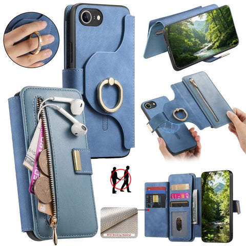 Ring Zipper Wallet RFID Blocking MagSafe Leather Phone Case, For iPhone 17e / 16e, For iPhone 16 Pro Max, For iPhone 16 Pro, For iPhone 16 Plus, For iPhone 16, For iPhone 15 Pro Max