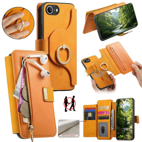 Ring Zipper Wallet RFID Blocking MagSafe Leather Phone Case, For iPhone 17e / 16e, For iPhone 16 Pro Max, For iPhone 16 Pro, For iPhone 16 Plus, For iPhone 16, For iPhone 15 Pro Max