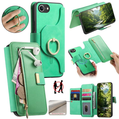 Ring Zipper Wallet RFID Blocking MagSafe Leather Phone Case, For iPhone 17e / 16e, For iPhone 16 Pro Max, For iPhone 16 Pro, For iPhone 16 Plus, For iPhone 16, For iPhone 15 Pro Max