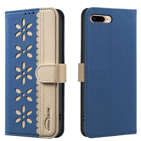 Splicing Color Hollow Flower Pattern RFID Leather Phone Case, For iPhone XS Max, For iPhone 6 Plus / 7 Plus / 8 Plus, For iPhone 6 / 7 / 8