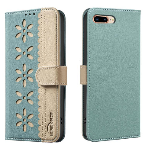 Splicing Color Hollow Flower Pattern RFID Leather Phone Case, For iPhone XS Max, For iPhone 6 Plus / 7 Plus / 8 Plus, For iPhone 6 / 7 / 8