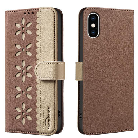 Splicing Color Hollow Flower Pattern RFID Leather Phone Case, For iPhone XS Max, For iPhone 6 Plus / 7 Plus / 8 Plus, For iPhone 6 / 7 / 8