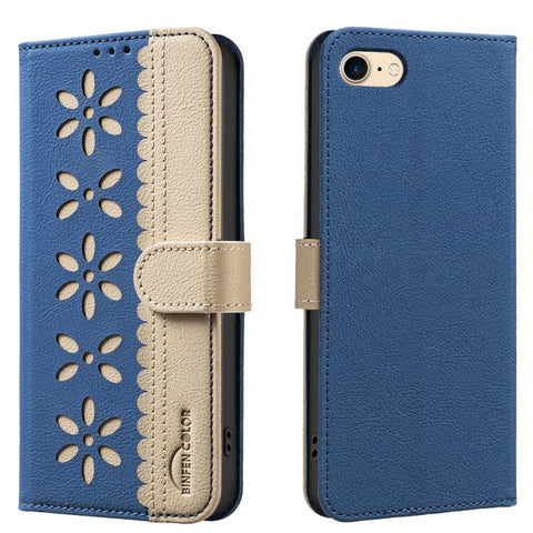 Splicing Color Hollow Flower Pattern RFID Leather Phone Case, For iPhone XS Max, For iPhone 6 Plus / 7 Plus / 8 Plus, For iPhone 6 / 7 / 8