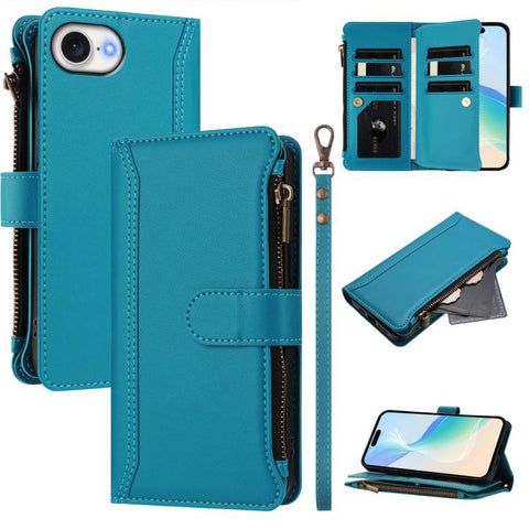 Magnetic Closure 9 Card Slots Zipper Leather Case with Hand Strap, For iPhone 18 Pro / 17 Pro, For iPhone 18 Pro Max / 17 Pro Max, For iPhone 17e / 16e, For iPhone 17, For iPhone Air, For iPhone 16 Pro Max, For iPhone 16 Pro, For iPhone 16 Plus