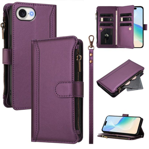 Magnetic Closure 9 Card Slots Zipper Leather Case with Hand Strap, For iPhone 18 Pro / 17 Pro, For iPhone 18 Pro Max / 17 Pro Max, For iPhone 17e / 16e, For iPhone 17, For iPhone Air, For iPhone 16 Pro Max, For iPhone 16 Pro, For iPhone 16 Plus