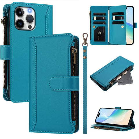 Magnetic Closure 9 Card Slots Zipper Leather Case with Hand Strap, For iPhone 18 Pro / 17 Pro, For iPhone 18 Pro Max / 17 Pro Max, For iPhone 17e / 16e, For iPhone 17, For iPhone Air, For iPhone 16 Pro Max, For iPhone 16 Pro, For iPhone 16 Plus