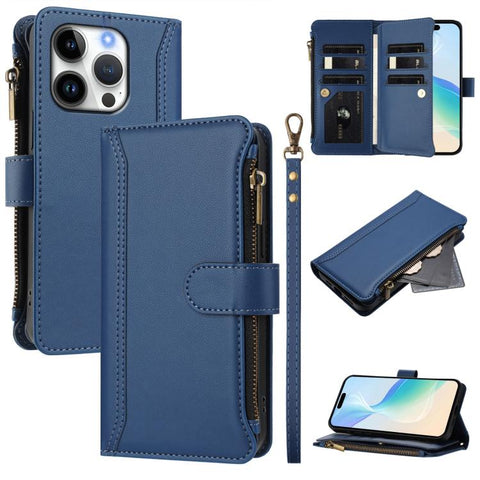 Magnetic Closure 9 Card Slots Zipper Leather Case with Hand Strap, For iPhone 18 Pro / 17 Pro, For iPhone 18 Pro Max / 17 Pro Max, For iPhone 17e / 16e, For iPhone 17, For iPhone Air, For iPhone 16 Pro Max, For iPhone 16 Pro, For iPhone 16 Plus