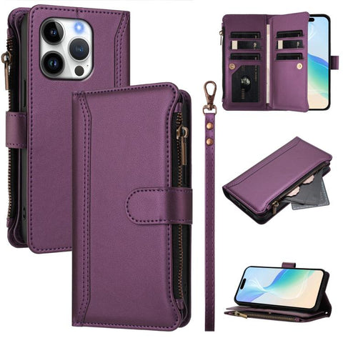 Magnetic Closure 9 Card Slots Zipper Leather Case with Hand Strap, For iPhone 18 Pro / 17 Pro, For iPhone 18 Pro Max / 17 Pro Max, For iPhone 17e / 16e, For iPhone 17, For iPhone Air, For iPhone 16 Pro Max, For iPhone 16 Pro, For iPhone 16 Plus