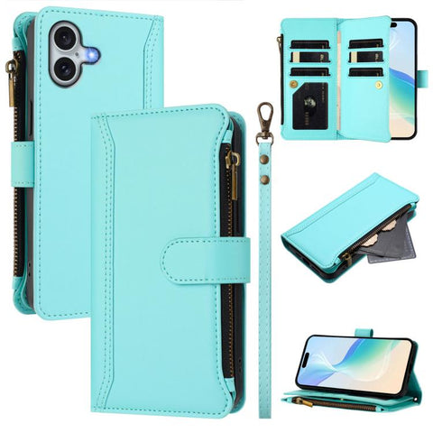 Magnetic Closure 9 Card Slots Zipper Leather Case with Hand Strap, For iPhone 18 Pro / 17 Pro, For iPhone 18 Pro Max / 17 Pro Max, For iPhone 17e / 16e, For iPhone 17, For iPhone Air, For iPhone 16 Pro Max, For iPhone 16 Pro, For iPhone 16 Plus