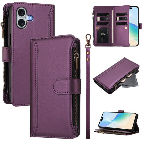 Magnetic Closure 9 Card Slots Zipper Leather Case with Hand Strap, For iPhone 18 Pro / 17 Pro, For iPhone 18 Pro Max / 17 Pro Max, For iPhone 17e / 16e, For iPhone 17, For iPhone Air, For iPhone 16 Pro Max, For iPhone 16 Pro, For iPhone 16 Plus