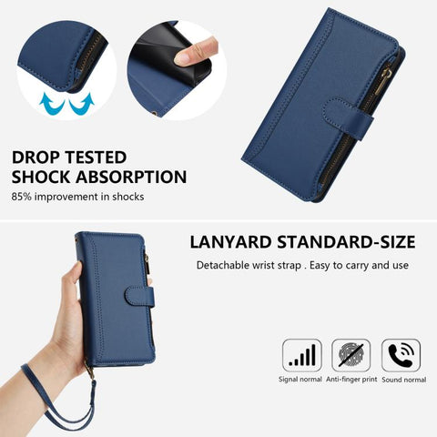 Magnetic Closure 9 Card Slots Zipper Leather Case with Hand Strap, For iPhone 16, For iPhone 15 Pro Max, For iPhone 15 Pro, For iPhone 15 Plus, For iPhone 15, For iPhone 14 Plus, For iPhone 14 / 13, For iPhone 14 Pro