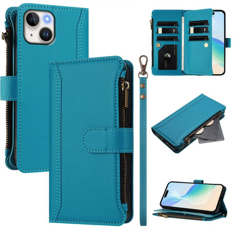 Magnetic Closure 9 Card Slots Zipper Leather Case with Hand Strap, For iPhone 14 Pro Max, For iPhone SE 2022 / 2020 / 8 / 7, For iPhone 13 Pro Max, For iPhone 13 Pro, For iPhone 13 mini, For iPhone 12 / 12 Pro, For iPhone 12 Pro Max, For iPhone 12 mini