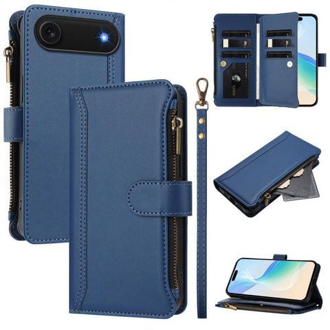 Magnetic Closure 9 Card Slots Zipper Leather Case with Hand Strap, For iPhone 18 Pro / 17 Pro, For iPhone 18 Pro Max / 17 Pro Max, For iPhone 17e / 16e, For iPhone 17, For iPhone Air, For iPhone 16 Pro Max, For iPhone 16 Pro, For iPhone 16 Plus