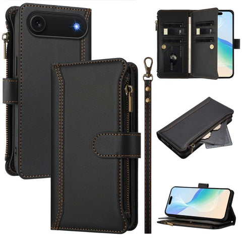 Magnetic Closure 9 Card Slots Zipper Leather Case with Hand Strap, For iPhone 18 Pro / 17 Pro, For iPhone 18 Pro Max / 17 Pro Max, For iPhone 17e / 16e, For iPhone 17, For iPhone Air, For iPhone 16 Pro Max, For iPhone 16 Pro, For iPhone 16 Plus