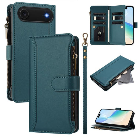 Magnetic Closure 9 Card Slots Zipper Leather Case with Hand Strap, For iPhone 18 Pro / 17 Pro, For iPhone 18 Pro Max / 17 Pro Max, For iPhone 17e / 16e, For iPhone 17, For iPhone Air, For iPhone 16 Pro Max, For iPhone 16 Pro, For iPhone 16 Plus