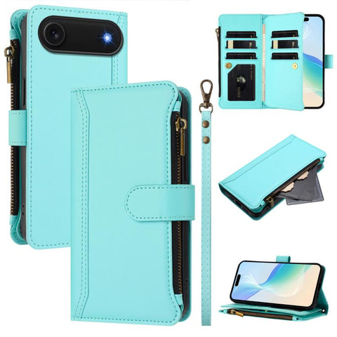 Magnetic Closure 9 Card Slots Zipper Leather Case with Hand Strap, For iPhone 18 Pro / 17 Pro, For iPhone 18 Pro Max / 17 Pro Max, For iPhone 17e / 16e, For iPhone 17, For iPhone Air, For iPhone 16 Pro Max, For iPhone 16 Pro, For iPhone 16 Plus