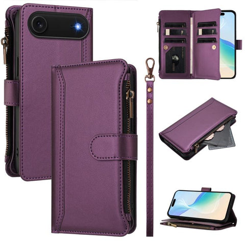 Magnetic Closure 9 Card Slots Zipper Leather Case with Hand Strap, For iPhone 18 Pro / 17 Pro, For iPhone 18 Pro Max / 17 Pro Max, For iPhone 17e / 16e, For iPhone 17, For iPhone Air, For iPhone 16 Pro Max, For iPhone 16 Pro, For iPhone 16 Plus