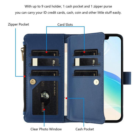 Magnetic Closure 9 Card Slots Zipper Leather Case with Hand Strap, For iPhone 18 Pro / 17 Pro, For iPhone 18 Pro Max / 17 Pro Max, For iPhone 17e / 16e, For iPhone 17, For iPhone Air, For iPhone 16 Pro Max, For iPhone 16 Pro, For iPhone 16 Plus