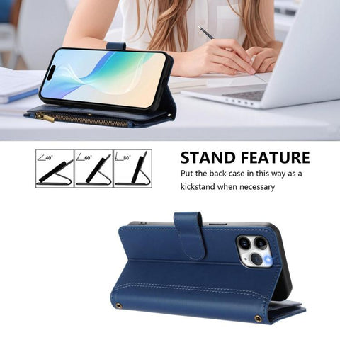 Magnetic Closure 9 Card Slots Zipper Leather Case with Hand Strap, For iPhone 18 Pro / 17 Pro, For iPhone 18 Pro Max / 17 Pro Max, For iPhone 17e / 16e, For iPhone 17, For iPhone Air, For iPhone 16 Pro Max, For iPhone 16 Pro, For iPhone 16 Plus