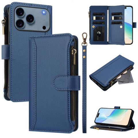 Magnetic Closure 9 Card Slots Zipper Leather Case with Hand Strap, For iPhone 18 Pro / 17 Pro, For iPhone 18 Pro Max / 17 Pro Max, For iPhone 17e / 16e, For iPhone 17, For iPhone Air, For iPhone 16 Pro Max, For iPhone 16 Pro, For iPhone 16 Plus