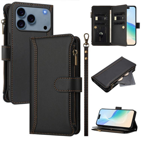 Magnetic Closure 9 Card Slots Zipper Leather Case with Hand Strap, For iPhone 18 Pro / 17 Pro, For iPhone 18 Pro Max / 17 Pro Max, For iPhone 17e / 16e, For iPhone 17, For iPhone Air, For iPhone 16 Pro Max, For iPhone 16 Pro, For iPhone 16 Plus