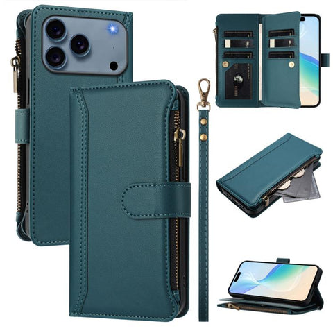 Magnetic Closure 9 Card Slots Zipper Leather Case with Hand Strap, For iPhone 18 Pro / 17 Pro, For iPhone 18 Pro Max / 17 Pro Max, For iPhone 17e / 16e, For iPhone 17, For iPhone Air, For iPhone 16 Pro Max, For iPhone 16 Pro, For iPhone 16 Plus